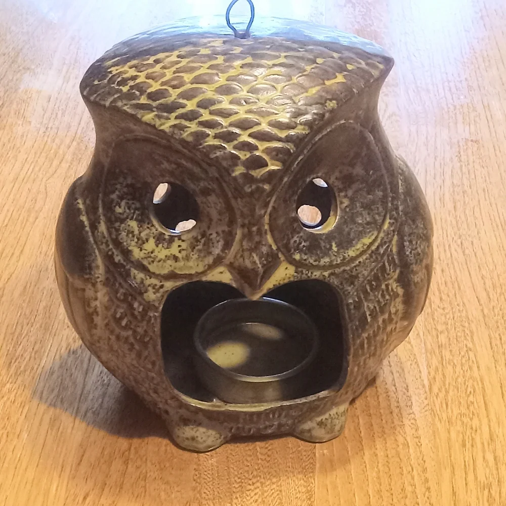 FINAL PRICE!!! VTG Ceramic Owl Votive Hanging Candle Holder MCM? Brown Large
